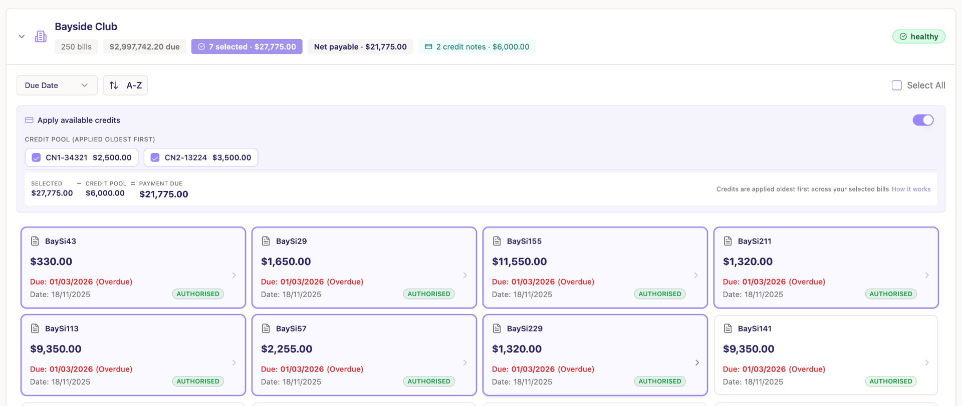 Batchly showing partial credit applied with remaining cash payable